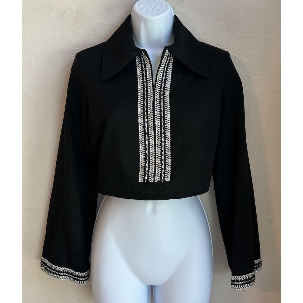 Vintage 1970s Lady Blair Cropped‎ Jacket Top M L Black Silver Metallic Boxy